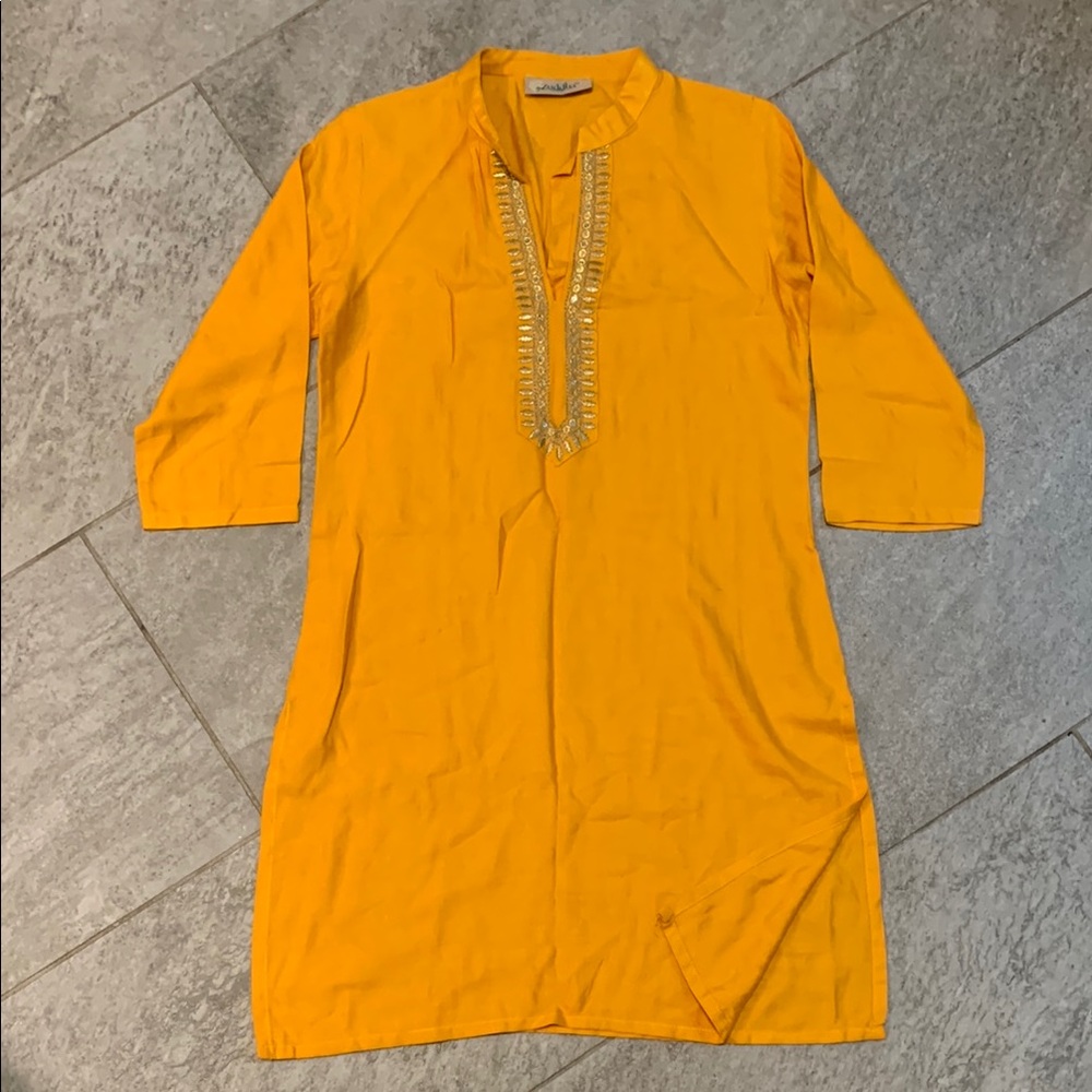 Mustard Yellow Women’s Tunic with Embellished Embroidered Gold Neckline Linen